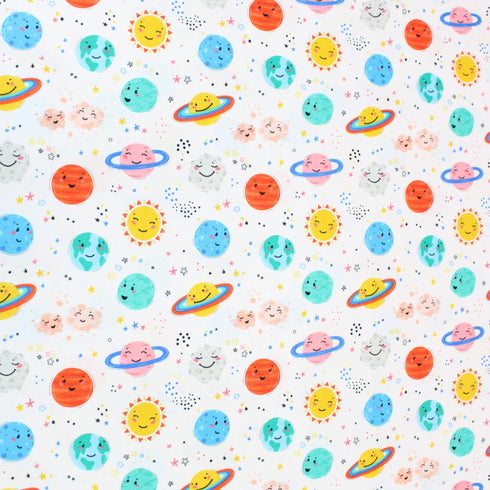 Sold Per Metre, Premium Quality Printed Digital Cotton, 'Friendly Planets' - 45" Wide