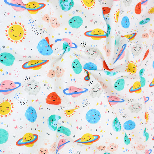 Sold Per Metre, Premium Quality Printed Digital Cotton, 'Friendly Planets' - 45" Wide