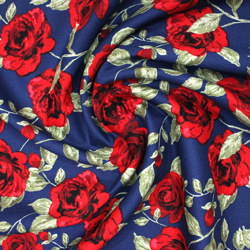Per Metre Premium Cotton Lawn - 55" Wide - Navy Roses