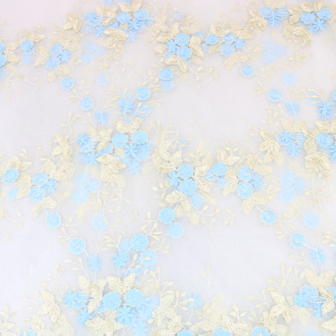 3 Metre Luxury Elegant Embroidered Lace - 55" Wide - Ivory & Blue