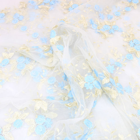 3 Metre Luxury Elegant Embroidered Lace - 55" Wide - Ivory & Blue