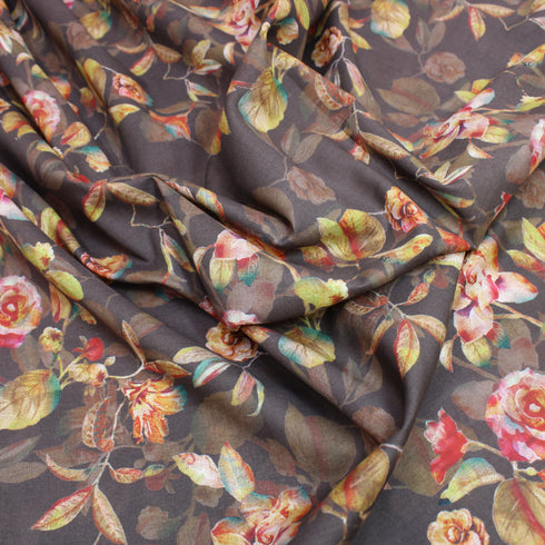 3 Metres Printed Cotton Lawn, 'Roses On Brown' - 58" Wide