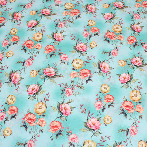 3 Metres Printed Cotton Lawn, 'Rose Bush Blue' - 58" Wide