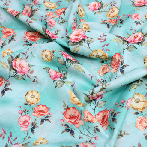3 Metres Printed Cotton Lawn, 'Rose Bush Blue' - 58" Wide