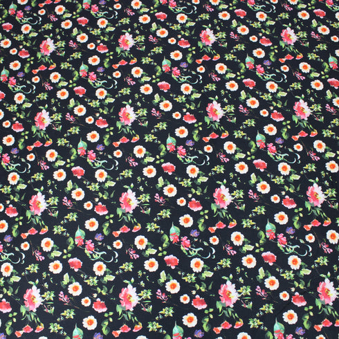 Per Metre Premium Cotton Lawn With Sateen Finish - 55" Wide - Black Flowers