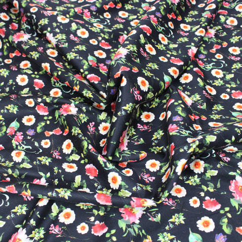 Per Metre Premium Cotton Lawn With Sateen Finish - 55" Wide - Black Flowers