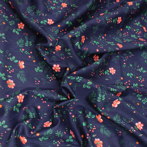 Per Metre Premium Cotton Lawn With Sateen Finish - 55" Wide - Navy Flowers