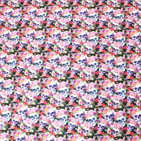 Sold Per Metre, Premium Quality Printed Halloween Cotton, 'Flower & Skulls' - 45" Wide