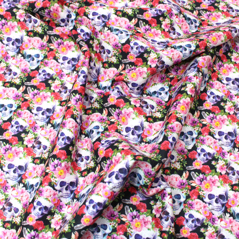 Sold Per Metre, Premium Quality Printed Halloween Cotton, 'Flower & Skulls' - 45" Wide