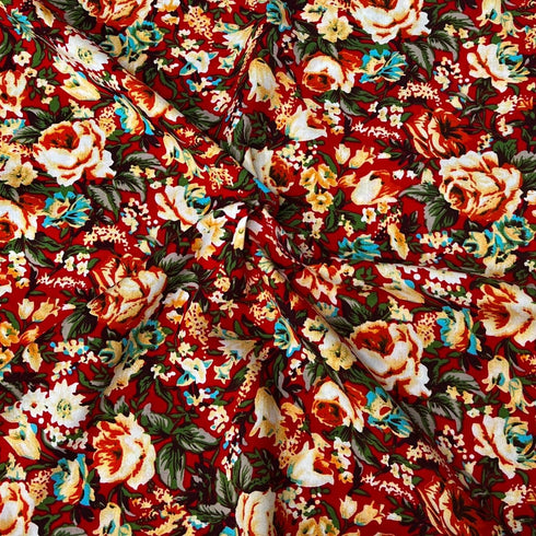 3 Metres, Luxury Printed Viscose, - 55" Wide - Red Flowers