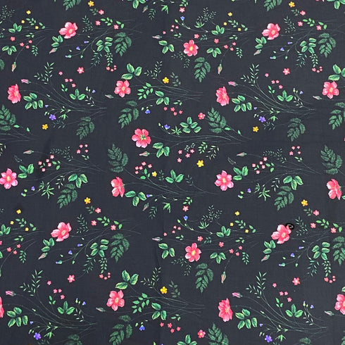 3 Metres Premium Cotton Lawn With Sateen Finish - 55" Wide - Black Flowers