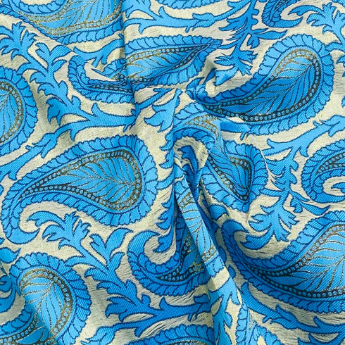 Per Metre Luxury Paisley Brocade- 55” Wide (Blue & Gold)
