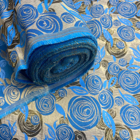 Per Metre Luxury Floral Brocade- 55” Wide (Blue Rose)