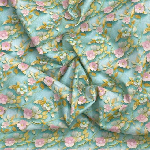 Per Metre 100% Digital Cotton Print - (Mint Daisy)