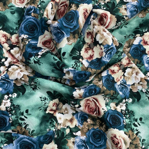 3 Metres, Printed Summer Dressmaking Viscose Fabric - 55" Wide (Turquoise & Navy)