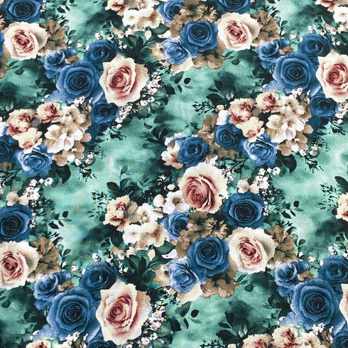 3 Metres, Printed Summer Dressmaking Viscose Fabric - 55" Wide (Turquoise & Navy)