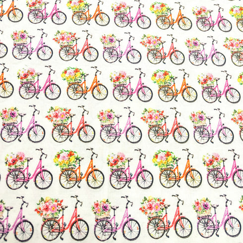 Sold Per Metre Digital Print 100% Cotton- Flower Bicycles- 44" Wide