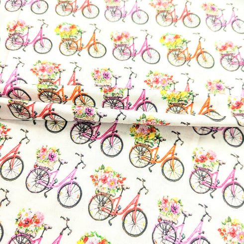 Sold Per Metre Digital Print 100% Cotton- Flower Bicycles- 44" Wide