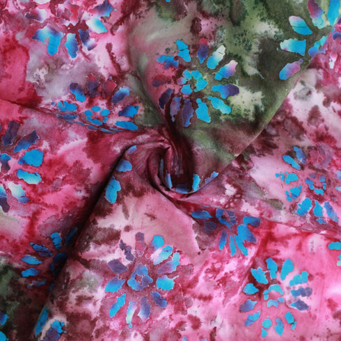 Quality 100% Cotton, Premium Batik, Flower-Works 45" Wide Pink & Green